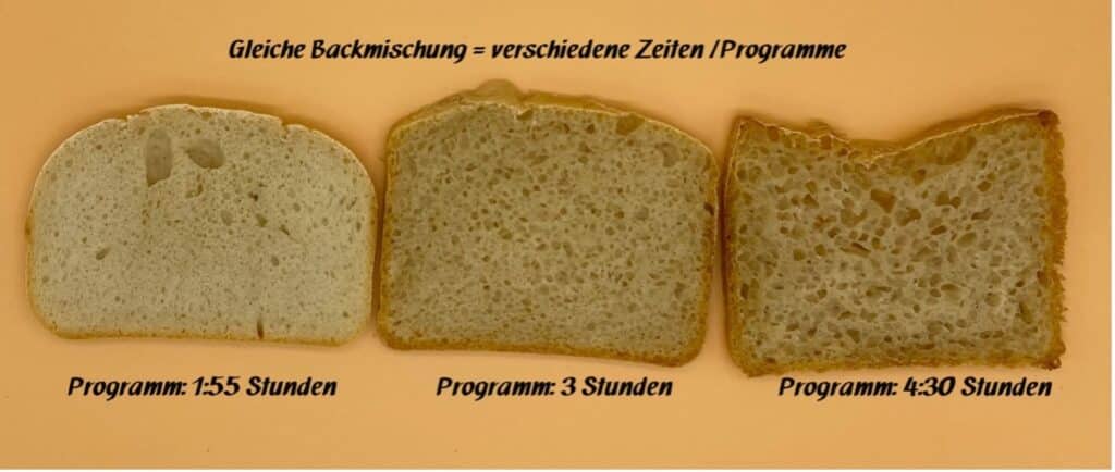 3 Brotscheiben mit verschiedenen Programmen gebacken als Hinweis zu den Rezepten im Brotbackautomaten