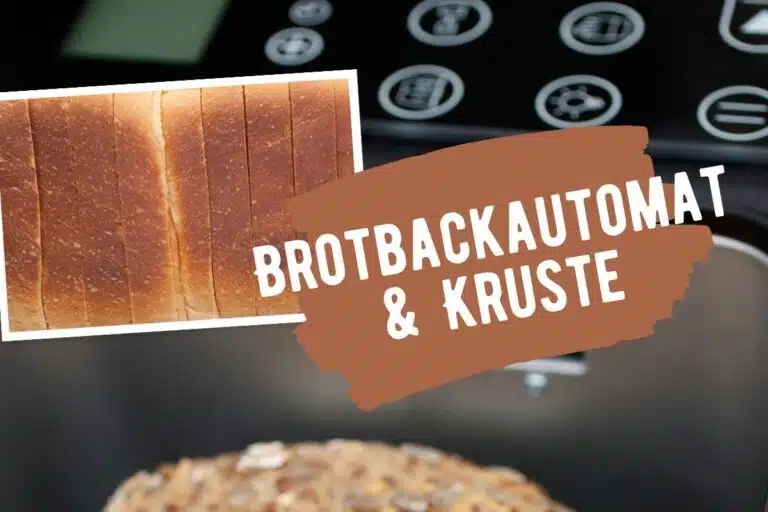 Kruste im Brotbackautomaten beeinflussen. Titel, Brotscheiben und Brotbackautomat im Hintergrund.