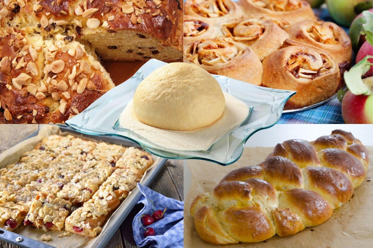 verschiedene Kuchen aus süßem Hefeteig aus dem Brotbackautomaten