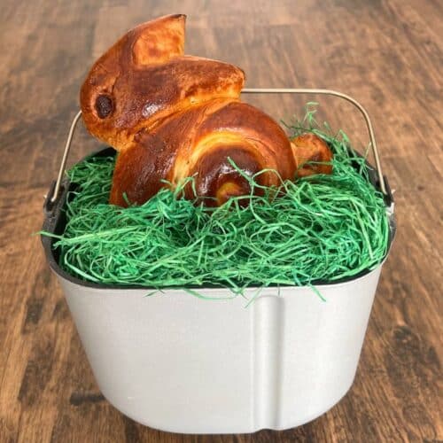 Osterhase backen aus Hefeteig im Brotbackautomaten. Hefeteighase sitzt im Gras in einer Brotbackautomatenform